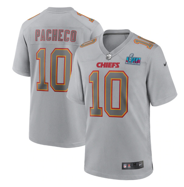 Men's Kansas City Chiefs #10 Isiah Pacheco Grey Super Bowl LVII Patch Atmosphere Fashion Stitched Game Jersey